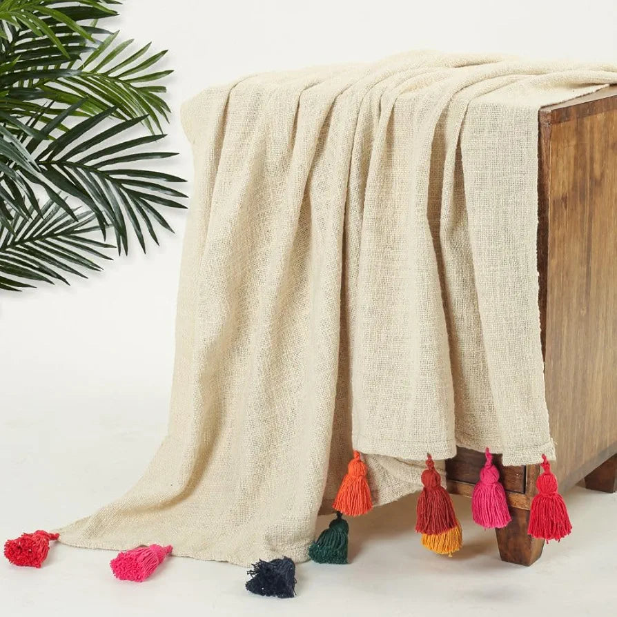 Homadorn 100% Cotton Off White Throw 300 TC Blanket with Handmade Colorful Tasse lColour Multicolor