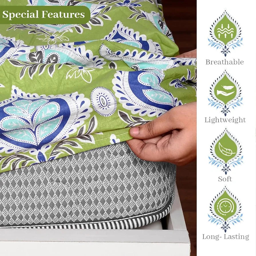 Divine Casa 144 TC Cotton Abstract Printed Queen Size Double Bed Elastic Fitted Bedsheet with 2 Pillow Cover Colour Forest Green