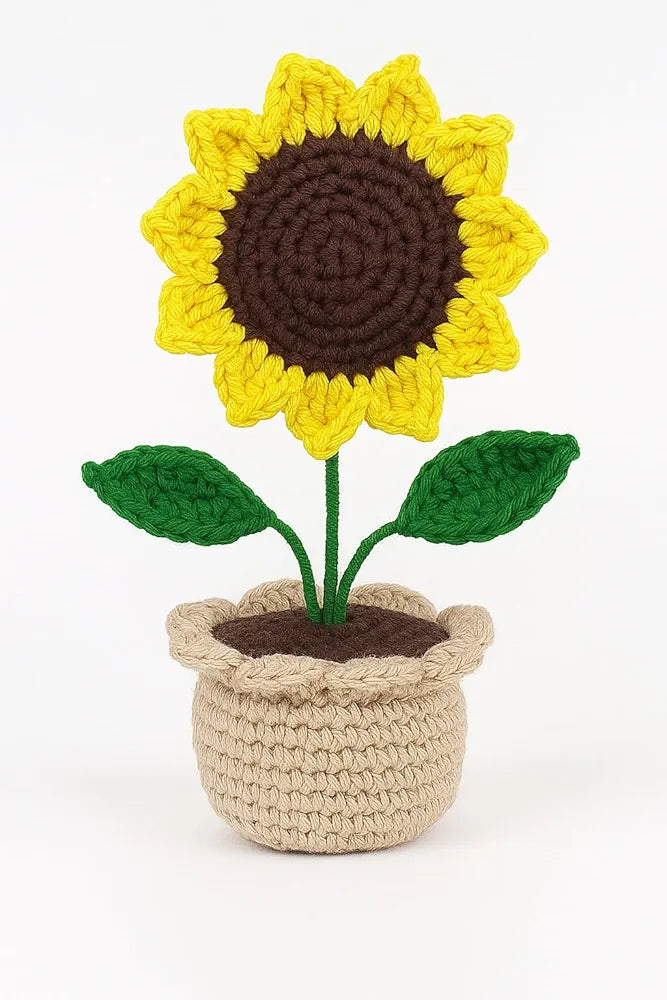 Crochet Sunflower in Pot Decorative Table Showpiece Cute Woolen Flower