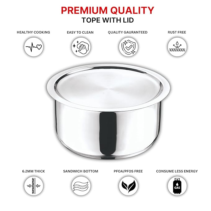 Vinod Stainless Steel 304 Grade Tope | Patila | Topiya With Lid - Diameter 20 Cm | Capacity 3 Litres