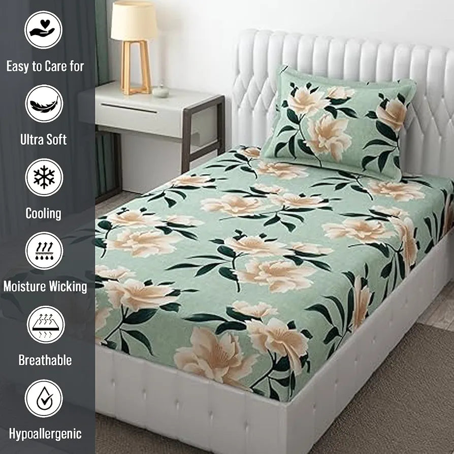 Fresh From Loom Single Bed Floral Design Microfiber Single Bedsheet Includes 1 Pillow Covers 144 TC Sea Green