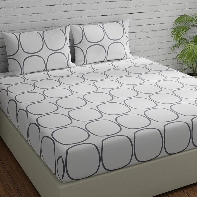 Huesland by Ahmedabad Cotton 144 TC Bedsheet for King Size Bed with 2 Pillow Covers | White (Grey Circles)