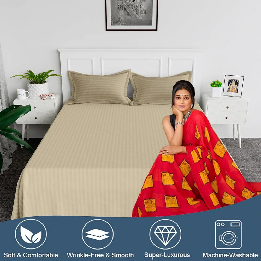 Kuber Industries Double Bedsheet with 2 Pillow Covers 144 TC Glace Cotton Bedsheet  Hotel Bedroom Cream