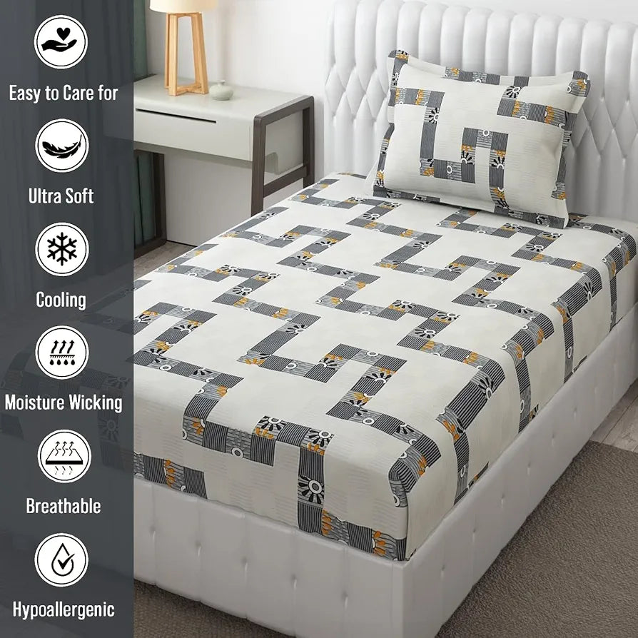 Fresh From Loom Microfiber Bedsheet for Single Single Size Bed Floral Design Bed Spread with 1 Pillow Covers 144 TC White Grey