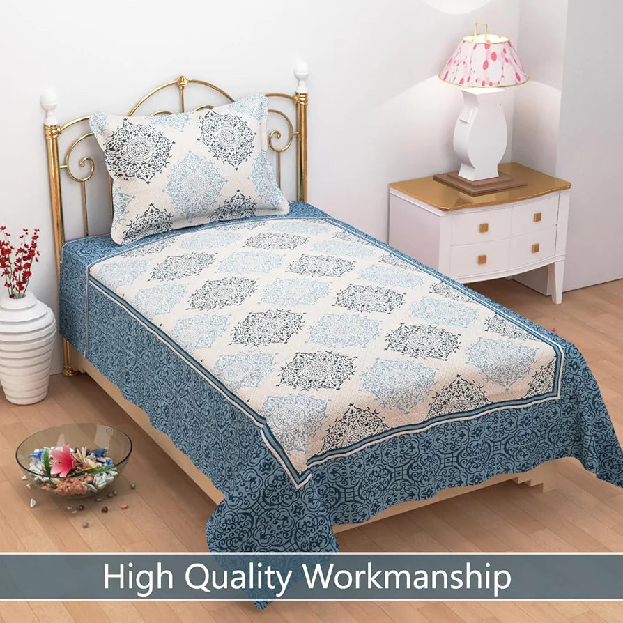Fresh From Loom Reversible 300 TC Single Bed bedsheet Heavy Bed Sheets with 1 Pillow Cover Aqua
