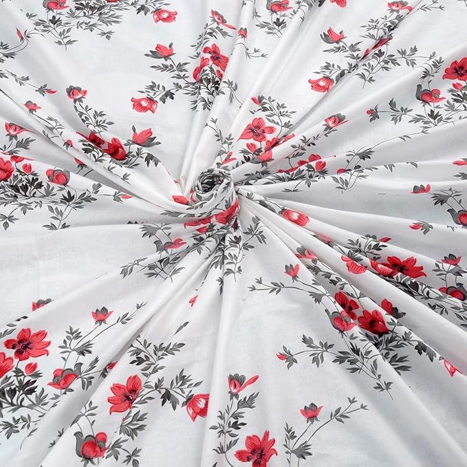 Huesland by Ahmedabad Cotton 144 TC King Size Bedsheet Cotton with 2 Pillow Covers | White, Light Coral & Grey