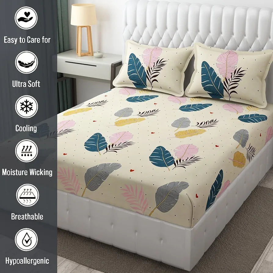 Fresh From Loom Floral Double Bedsheet King Size With 2 Pillow Covers,144 TC Canary Yellow