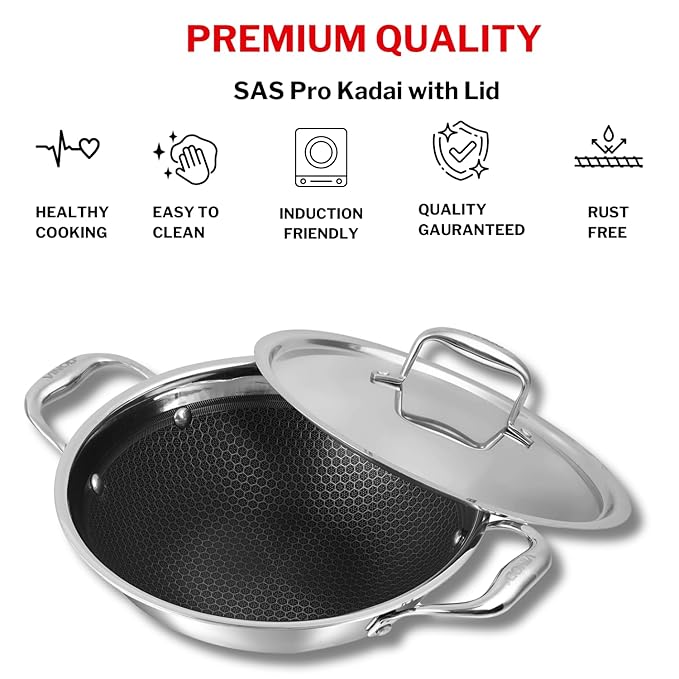 Vinod Platinum SAS Pro Extra Deep Kadai/Kadhai - 26 Cm | 4.1Litre | Riveted Sturdy Handle | Induction and Gas Stove Compatible