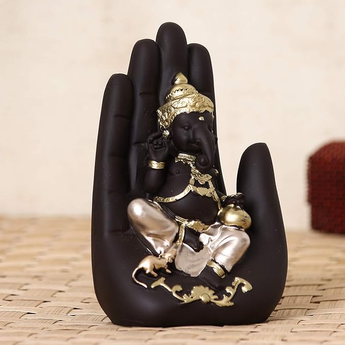Ecraftindia Golden Handcrafted Palm Ganesha Decorative Showpiece