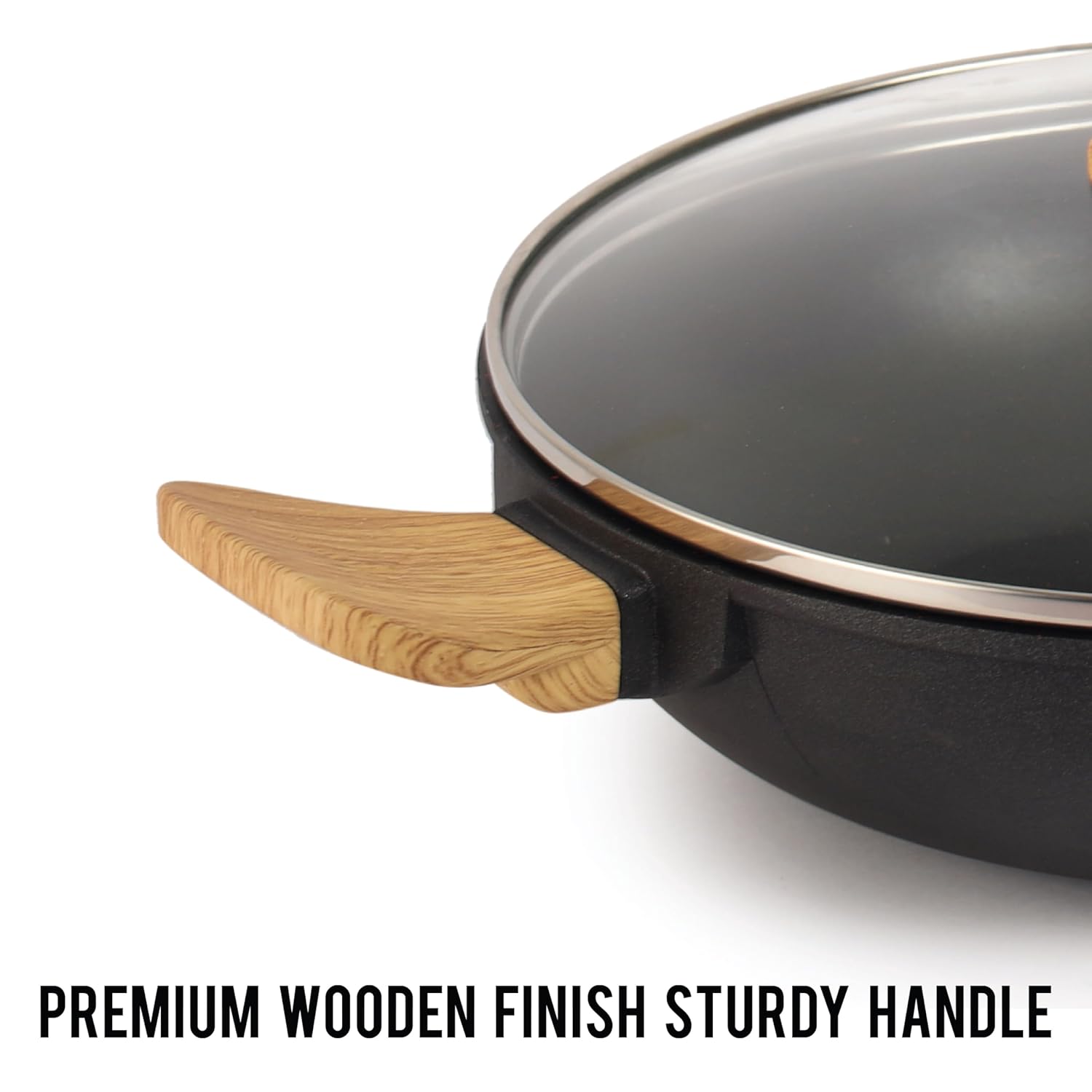 Cello Castello Die Cast Induction Aluminium Kadhai With Glass Lid 24 Cm, 4 Mm Thickness | Induction Base Kadhai | Wooden Handle