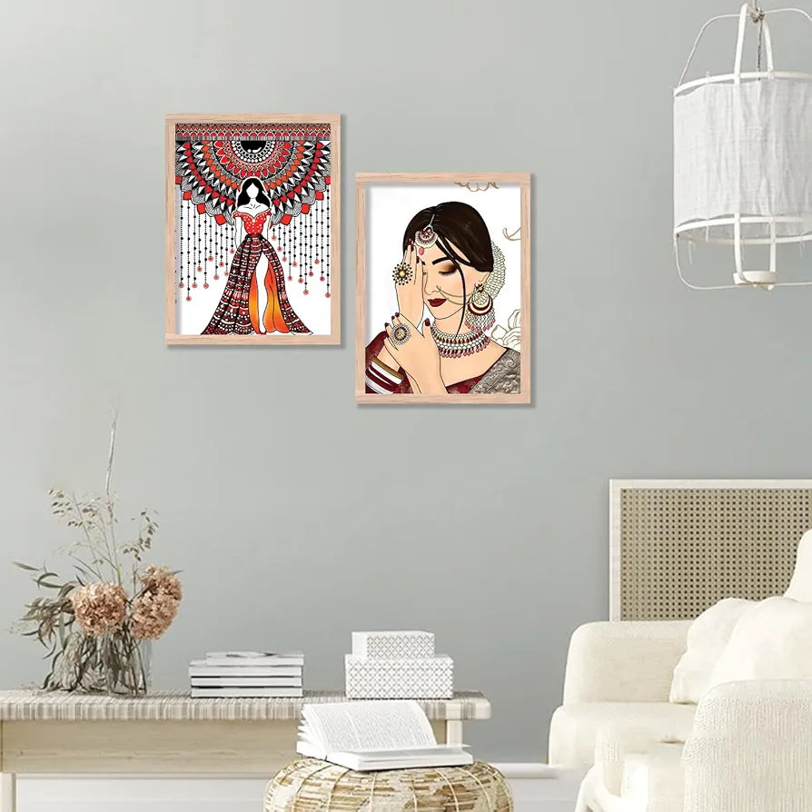 Kotart Indian Woman Digital Painting with Frame for Home Decoration Pack of 2 Design03