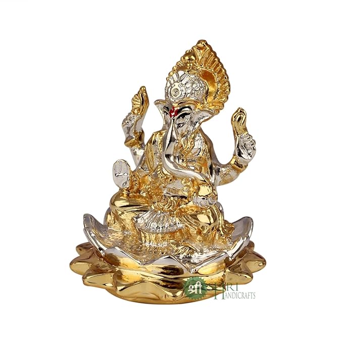 Indicast Gold & Silver Plated Ganesha Idol Murti Sitting on Lotus Kamal Home Decor and Gifts