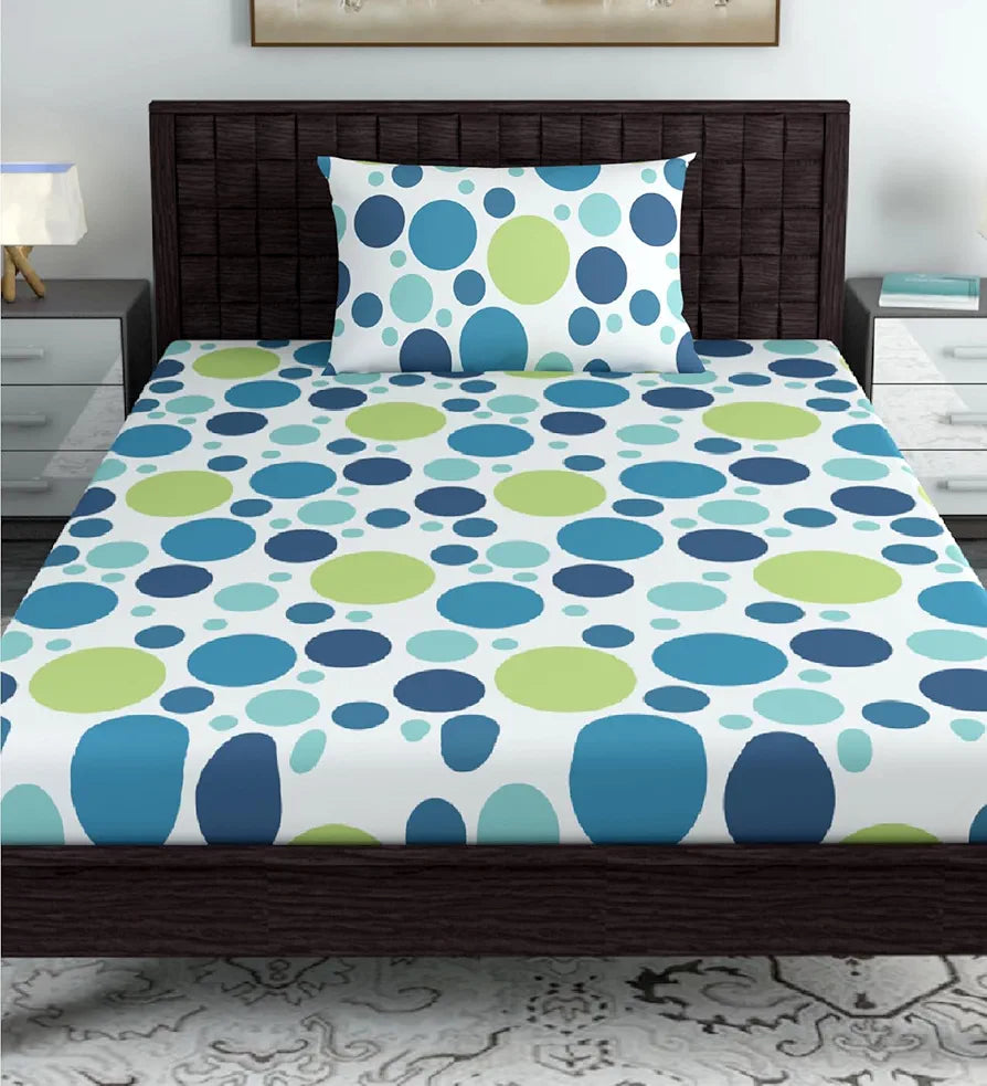 Divine Casa 144 TC 100% Cotton Single Bedsheet with 1 Pillow Cover Geometric Pattern Colour Blue Lagoon