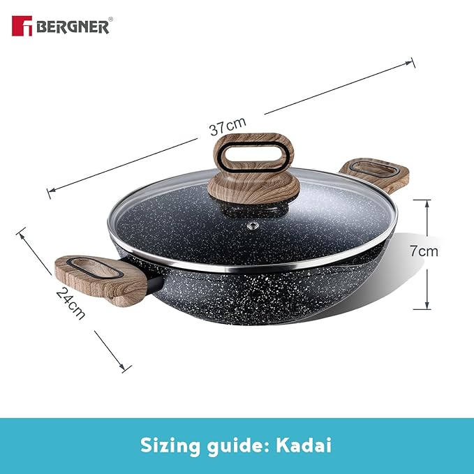 Bergner Ultimate Forged Nonstick 24 Cm Kadai With Glass Lid | 2 L Capacity