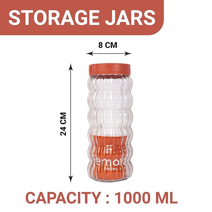 Femora Kitchen Storage Jars Clear Glass With Plastic Stackable Lid Jar | 1000 Ml | Set of 2