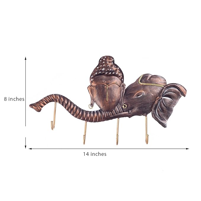 Ecraftindia Buddha Head on Elephant Trunk Wrought Iron Key Holder | Red and Brown