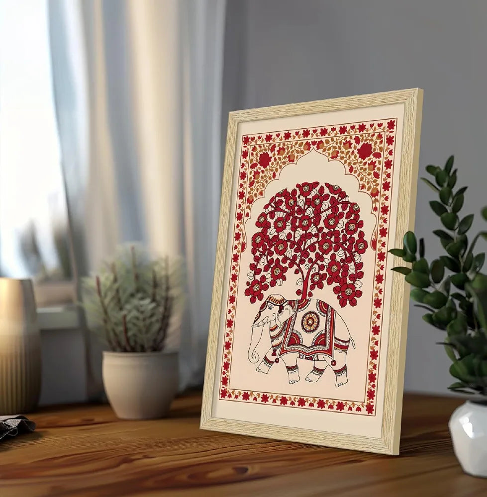 ArtX Paper Elephant Kalamkari Art Paintings with Frame Set of 2