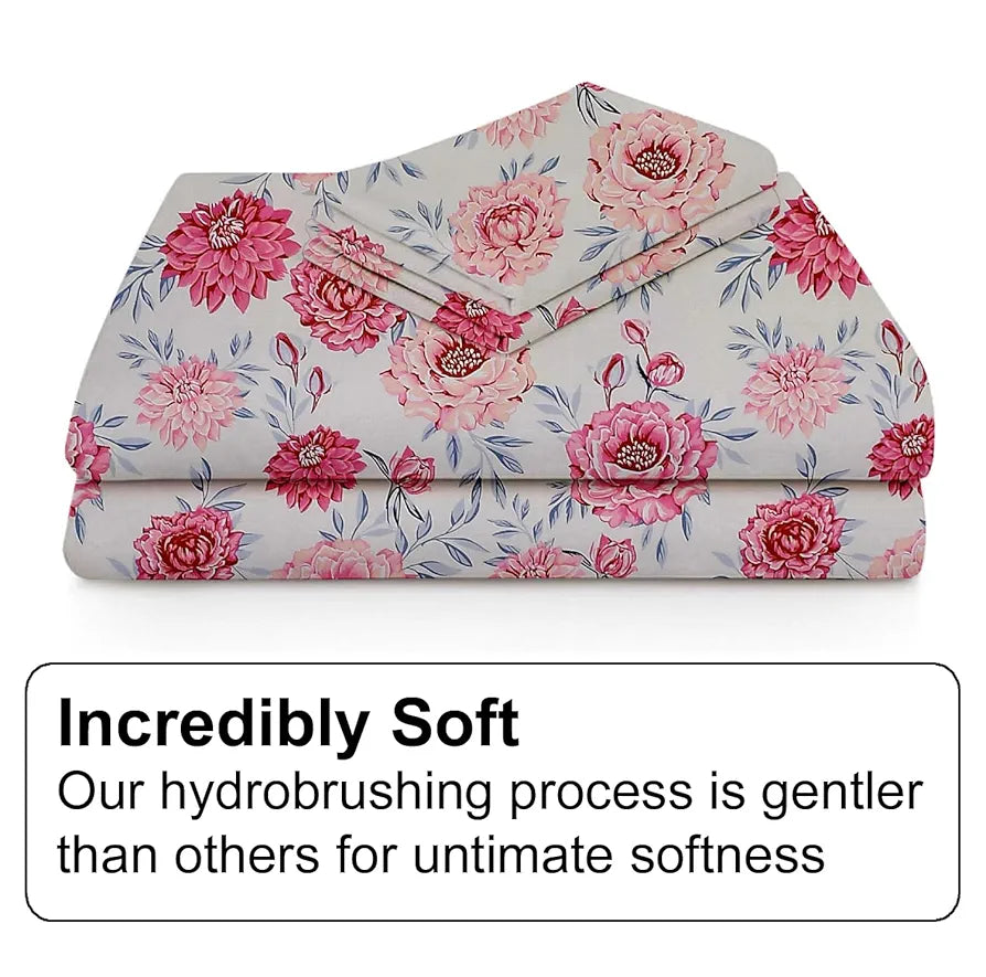 Fresh From Loom Floral Print 240 TC Single Bed Microfiber Bedsheet Set 1 Pillow Covers Rose-Offwhite