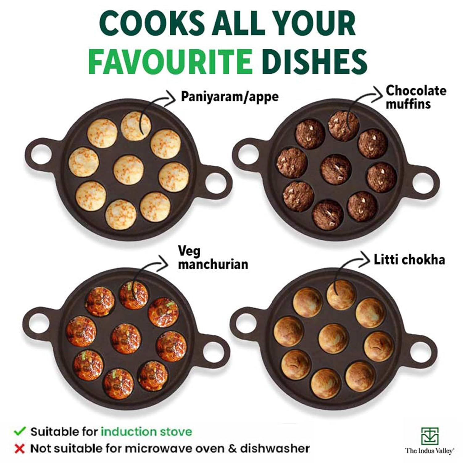 The Indus Valley Super Smooth Cast Iron Paniyaram Pan with Glass Lid | 9 Pit | 20.8cm/8.2inch | 2.7kg | Gas Compatible