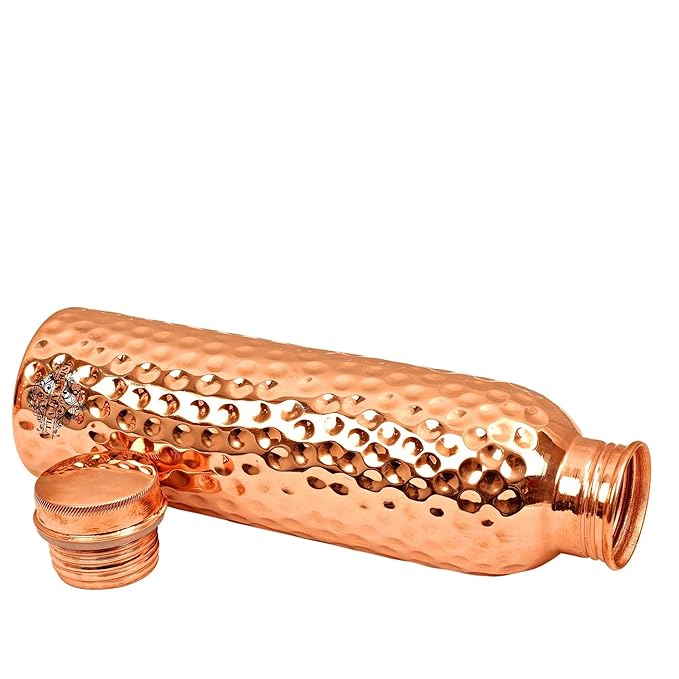 Indian Art Villa Pure Copper Water Bottle With Hammered Shine Finish Design