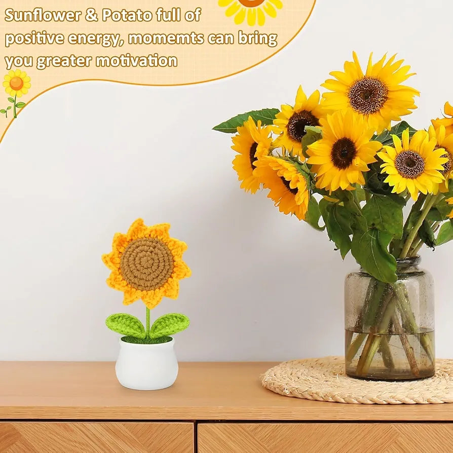 Handmade Crochet Sunflower Pot 1 PC Artificial Flower Knitted Wool Flower