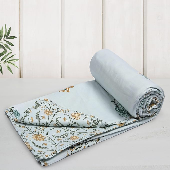 Huesland 100% Cotton Reversible Dohar Single Bed Cotton | Soft Cambric Weave, All Weather Light Ac Blanket | Botanical Fusion - Celest Blue, Green & Mustard
