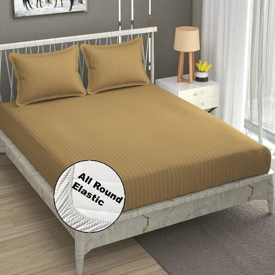 Fresh From Loom 240 Tc Satin Striped King Size Soft Fitted Bedsheet with Two Pillow Cover Elastic Light Brown