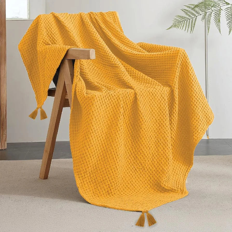 Urban Space Cotton Waffle Throw Blanket, Soft Decorative Throw for Living Room, Sofa, Chair and Couch, Handmade,Reversible and Breathable Throw Waffle Mustard