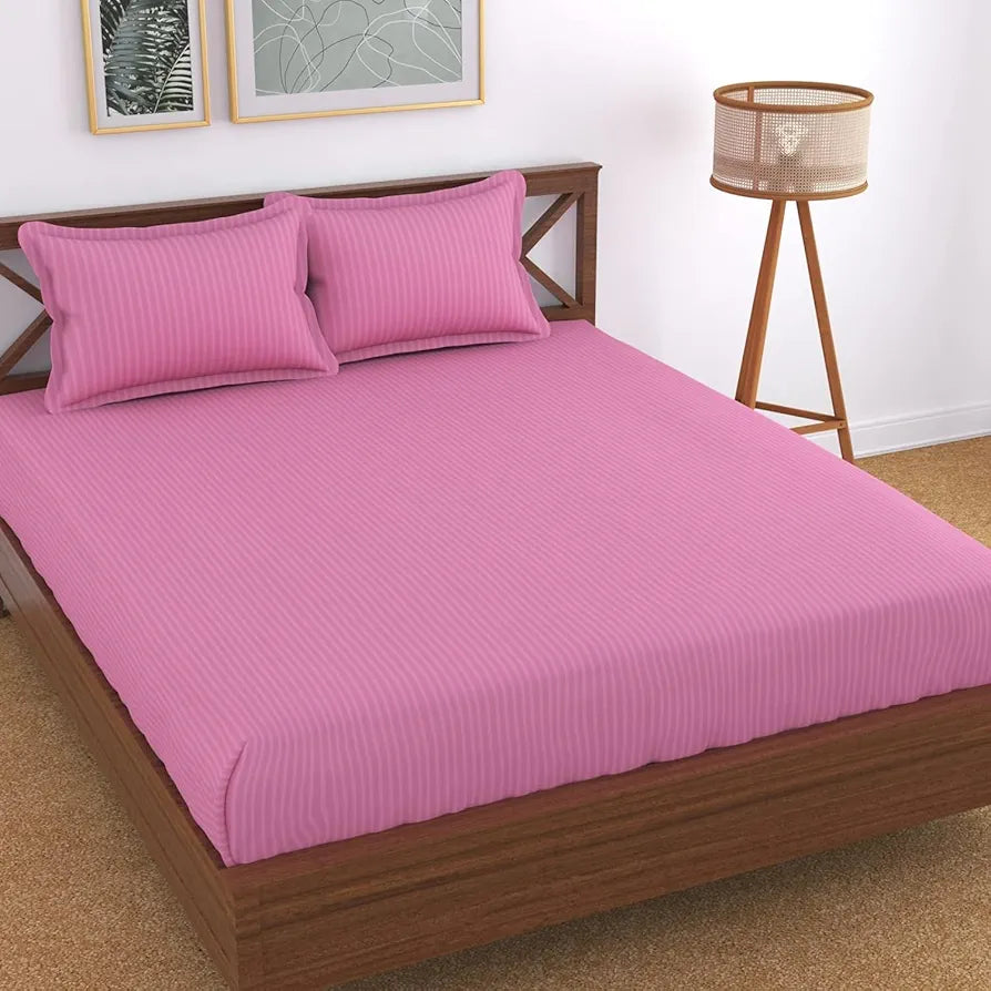 Fresh From Loom Breathable King Size Flat Striped Bedsheets Hotel & Home Double Bedsheet Set With 2 Pillow Covers 144 Tc Pink