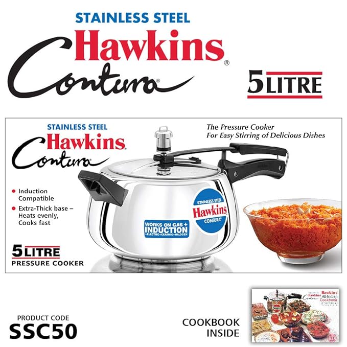 Hawkins Stainless Steel Contura Induction Compatible Inner Lid Pressure Cooker 5 Litre, Silver