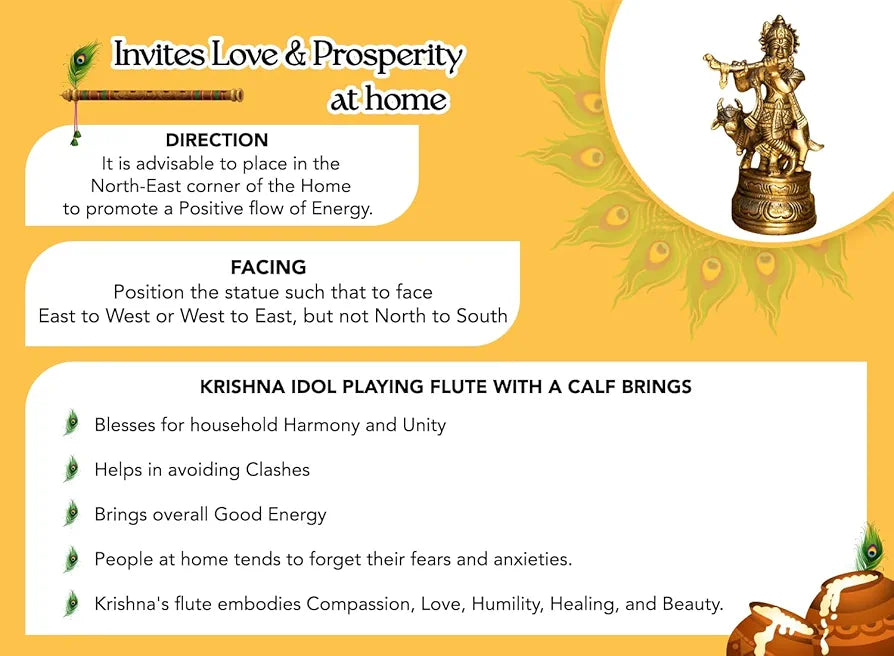 Ekhasa Pure Brass Lord Krishna Idol with Flute Shree Lord Krishna Statue Golden