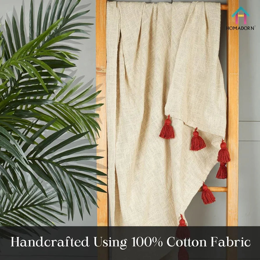 Homadorn 100% Cotton Off White Throw Blanket with Handmade Colorful Tassel Colour Rust