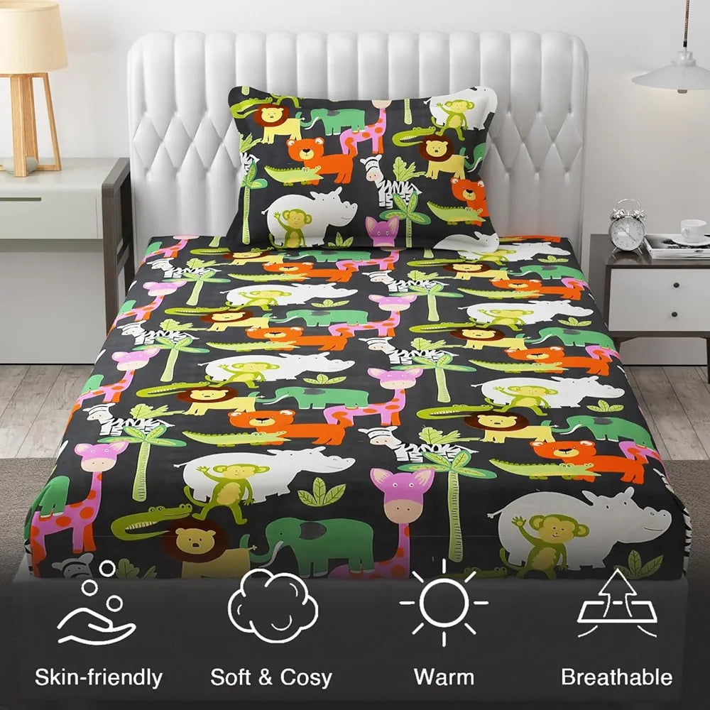 Fresh From Loom Glace Cotton Elastic Fitted Bed Sheet with 1 Pillow Cover Cartoon Printed Bedsheet Black Animal 300 TC Multicolor