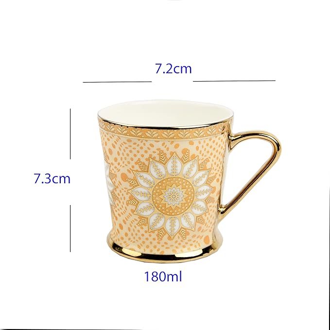 Femora Lotus Pattern With Golden Handle Golden Coffee Mugs | 180 Ml | Golden | 6 Pieces Set | Not Microwave Safe