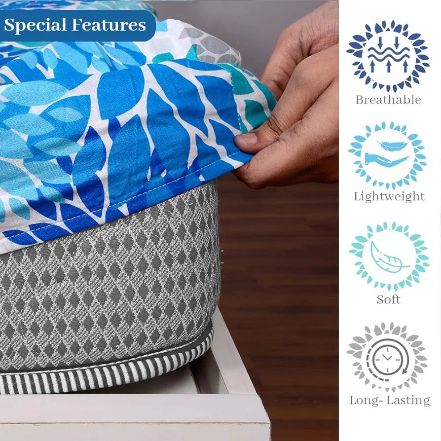 Divine Casa 144 TC Cotton Floral Print King Size Double Bed Elastic Fitted Bedsheet with 2 Pillow Cover Colour French Blue