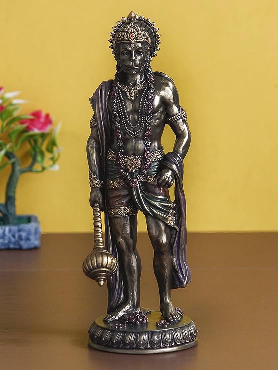 Ecraftindia Handcrafted Polyresin Bronze Finish Standing Lord Hanuman Idol With Gada/ Mace Statue