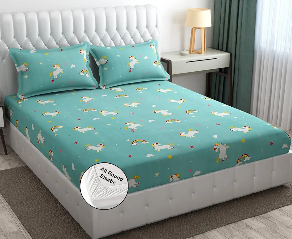 Fresh From Loom 300 TC Wrinkle Free Glace Cotton Elastic Fitted Floral Bedsheet for Kids Unicorn Multicolor Double Bed Teal