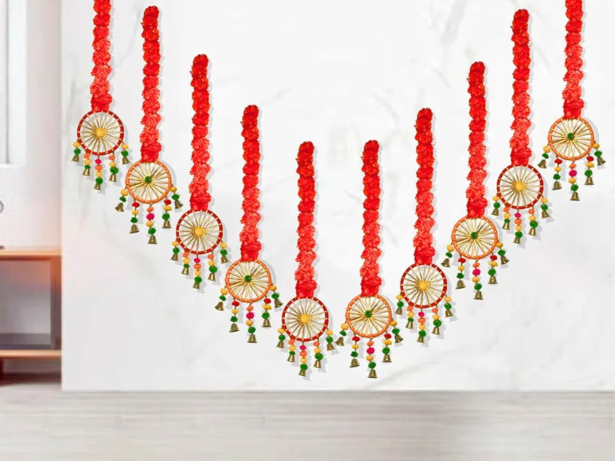 Artificial Marigold Flowers for Decoration with Pom Pom Ring Bell Hanging Orange