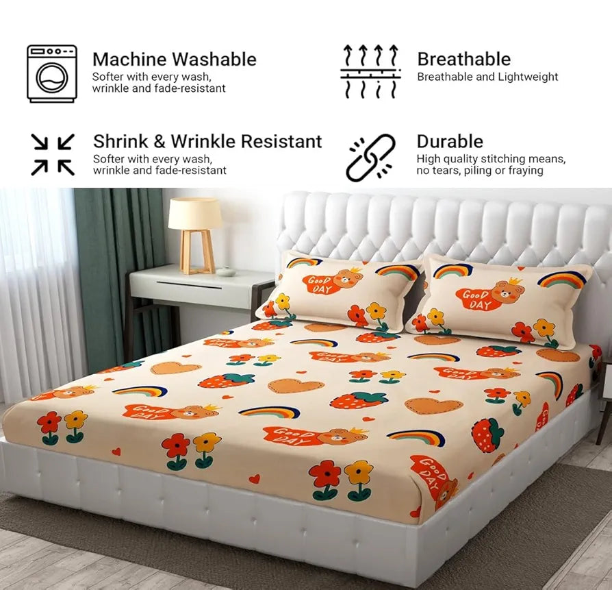 Fresh From Loom Cartoon Wrinkle Free Glace Cotton Bedsheet For Kids With 2 Pillow Cover 144 Tc Multicolor Pale