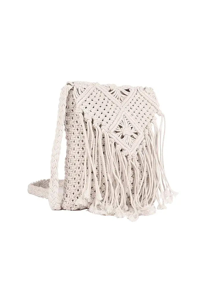 Astrid Handmade Macrame Flap Over Sling Bag For Girls And Women Colour Soothing White Purplish