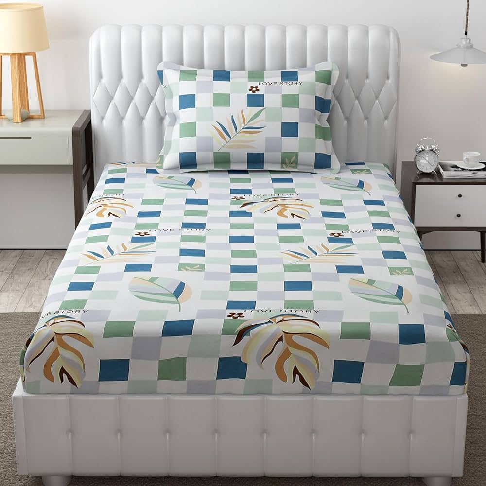 Fresh From Loom Microfiber Single Bedsheet for Single Bed Wrinkle Free Floral Design Bed Spread 1 Pillow Covers 144 TC Light Green White