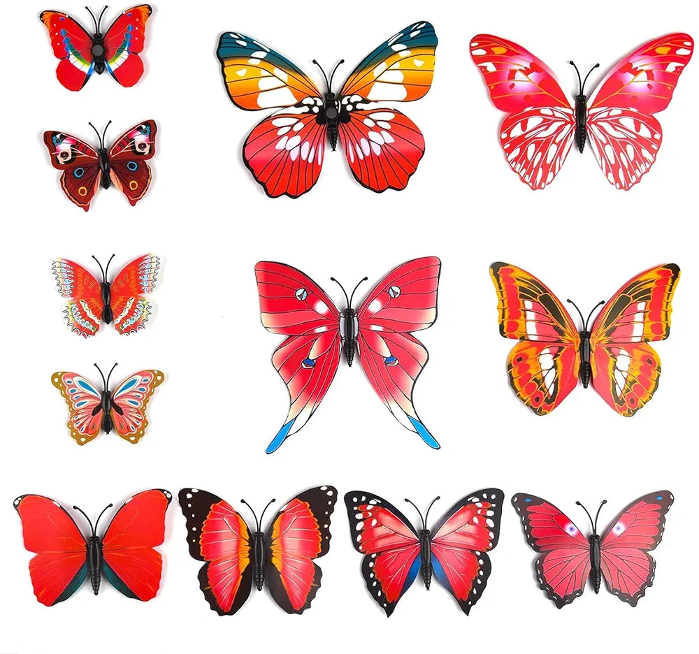 Xtore Plastic Home Decor 3D Butterfly with Sticking pad Set of 12 Shimmer Ferrari Red
