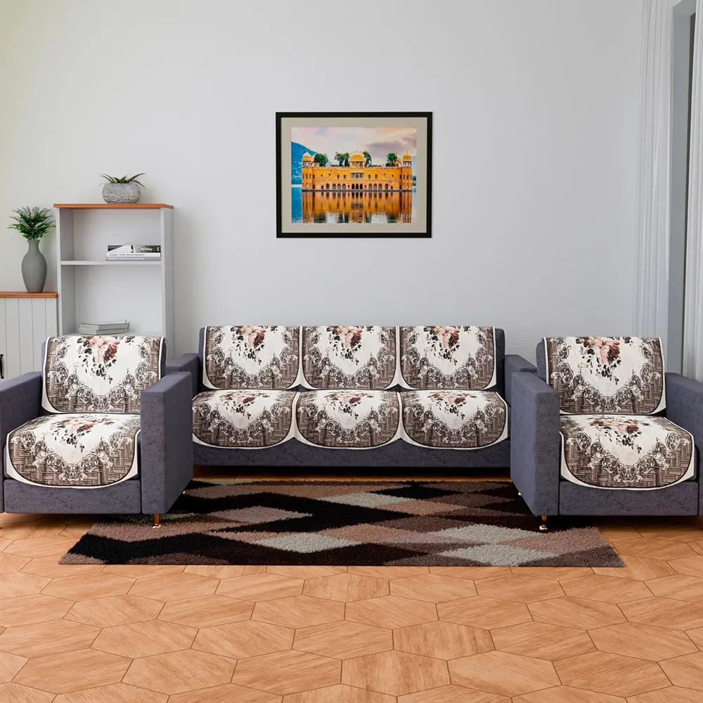 Kuber Industries Velvet Sofa Cover Set Brown Colour 5 Seater Couch Cover with Check Border Pattern