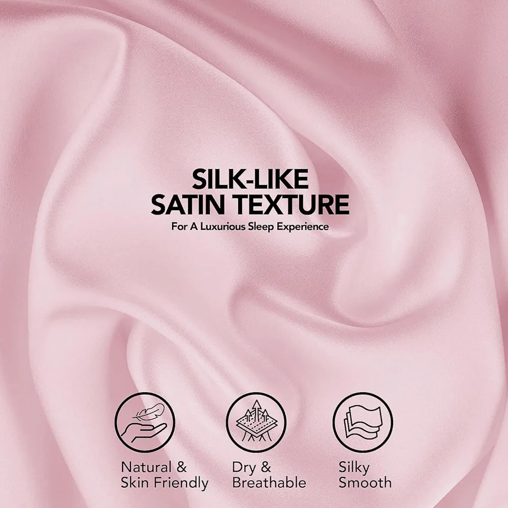 Cloth Fusion Satin Pillow Cover Set of 2 Pillow Case with 3 Satin Soft Scrunchies Baby Pink
