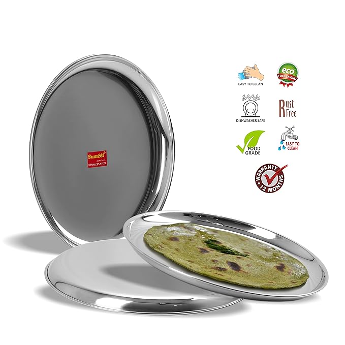 Sumeet Stainless Steel Heavy Gauge Shallow Dinner Plates 31cm Set of 3pc