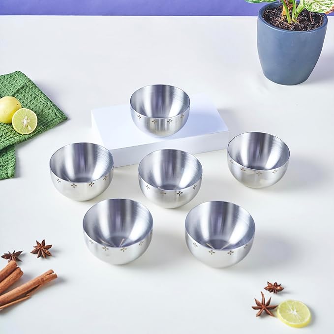 Arttdinox Designer Stainless Steel Katori Set of 6 | Multipurpose Vati and Bowl | Dinnerware & Tableware | Zenith Series