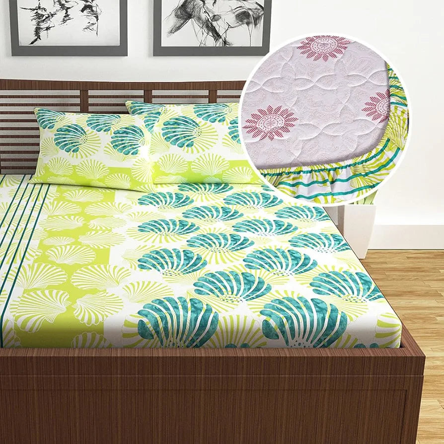Divine Casa Cotton Acid Lime Bedsheet for Double Bed Elastic Fitted with 2 Pillow Covers  Calming Shells Colour Acid Lime