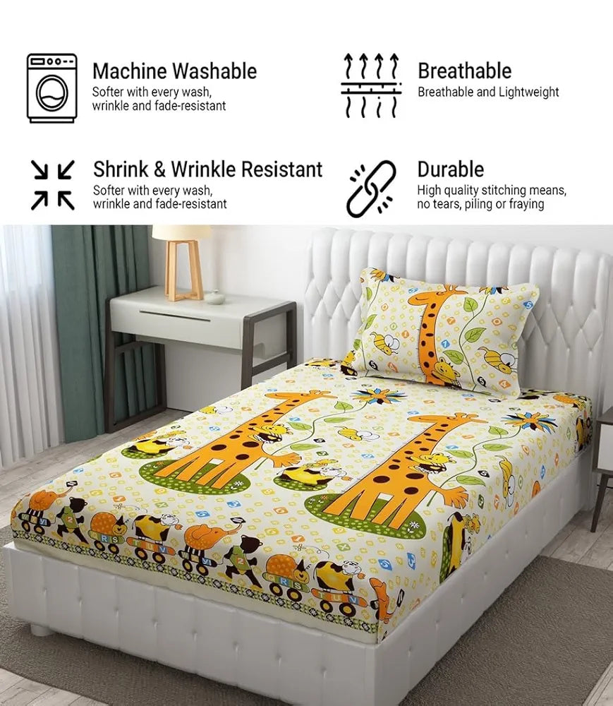 Fresh From Loom Bed Sheet Cartoon Printed Single Bedsheet With One Pillow Cover 144 tc Multicolor Cream and Yellow