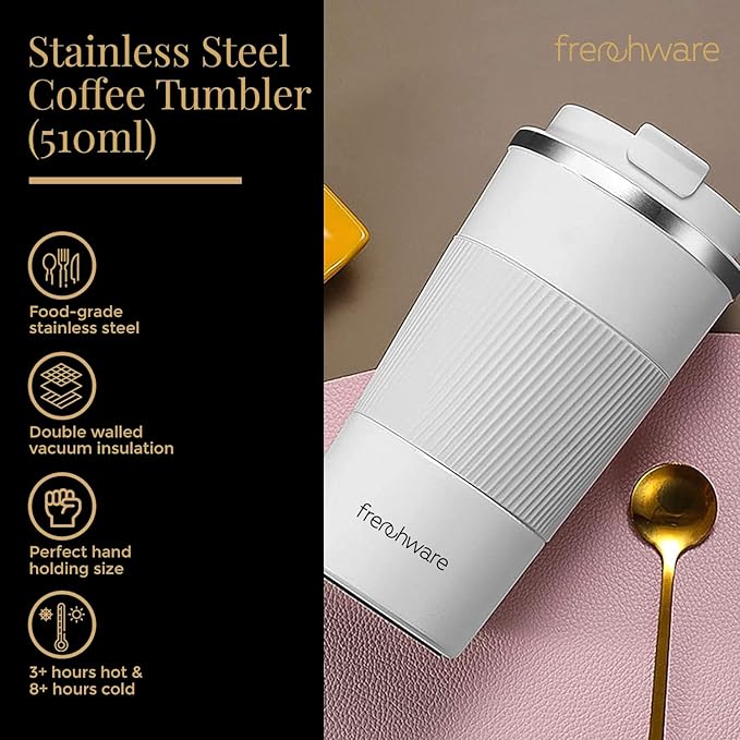 Frenchware Coffee Mug | 510 Ml | Tumbler, Flask for Tea Coffee, Insulated Coffee Mug | Coffee Mug With Leakproof Lid | White