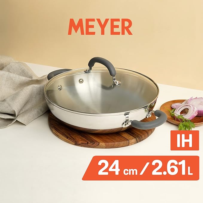 Meyer Trivantage Nickel Free Stainless Steel Triply Kadai with Steel Lid 24cm Silver